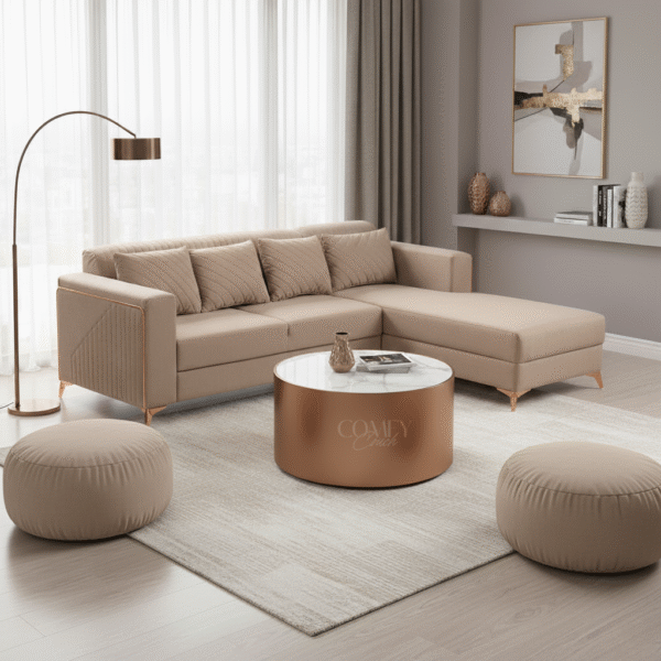 Comfy Couch “Solviera” L-Shape Sofa (Two Luxury Free Puffies Included)