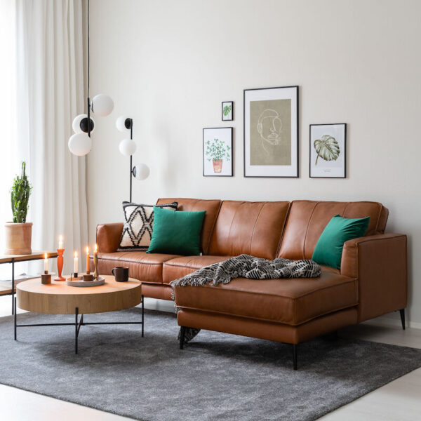 Comfy Couch “Bravento” L-Shape Leather Sofa (Two Luxury Free Puffies Included)